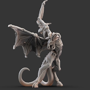 May include: A detailed, grey, skeletal creature with wings and a long tail. The creature is posed in a dynamic, reaching pose, with its wings spread wide.