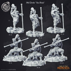May include: A 3D printed miniature of a female warrior holding a staff. The miniature is in various poses, showing different levels of experience. The miniature is gray and has a detailed design.