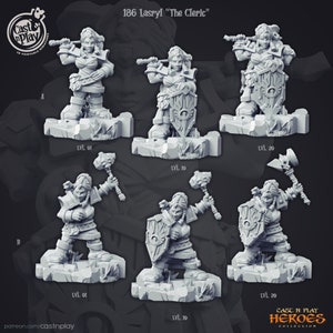 May include: Three different levels of detail for a 3D printable miniature of a female cleric character. The character is holding a hammer and shield. The miniature is in a grey plastic material.