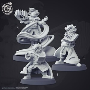 May include: Three 3D printed miniature figures of wizards, each with a different pose and expression. The wizard on the left is casting a spell, the wizard in the middle is holding a book, and the wizard on the right is reading a book. The figures are painted in a light gray color.