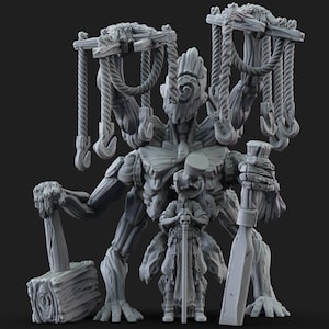 May include: A gray, detailed miniature figurine of a creature with multiple arms and legs, holding a hammer and a chisel. The creature is wearing a bow tie and has a human-like face. A smaller figurine of a person in a hat and coat stands in front of the creature.