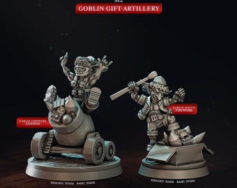 May include: A 3D-printed Goblin Gift Artillery set featuring two goblin figures. One goblin rides a cannon, labeled "Goblin Firework Cannon." The other goblin holds a match, labeled "Goblin Match Firework." The base of the cannon is 35mm, and the height is 37mm.