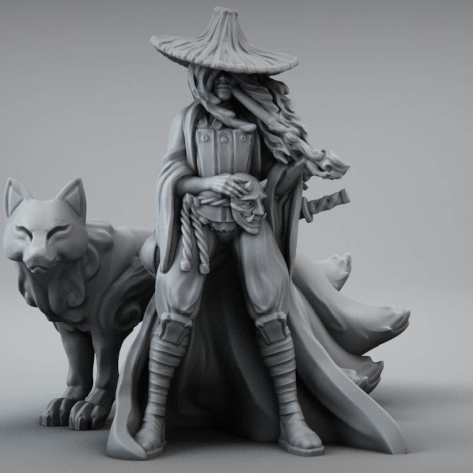 Female Samurai w/ Okami miniature for Dungeons and Dragons Etsy