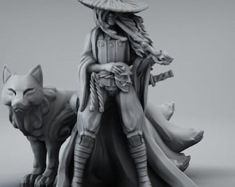 Female Samurai w/ Okami miniature for Dungeons and Dragons