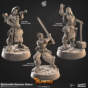 May include: Three 3D printed miniature figures of women, each with a different pose and holding a tool. The figures are painted in a gray color and are standing on a textured base. The text "Blacksmith Hammer Sisters" is printed at the bottom of the image.