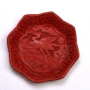 Vintage Chinese Cinnabar Lacquer Carved Carving Dish Plate Crane Bird Bamboo