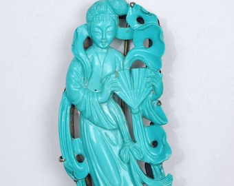 Old Chinese Turquoise Carved Carving Lady Figure with Fan Silver Pin Brooch