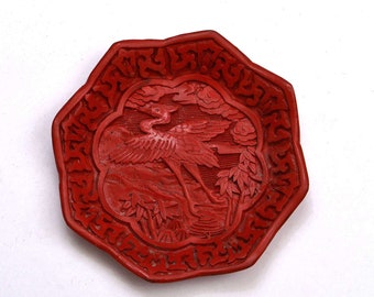 Vintage Chinese Cinnabar Lacquer Carved Carving Dish Plate Crane Bird Bamboo
