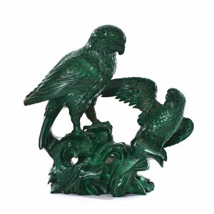 Old Chinese Malachite Carved Carving 2 Parrot Bird Group on Rock 982Gram - AS IS