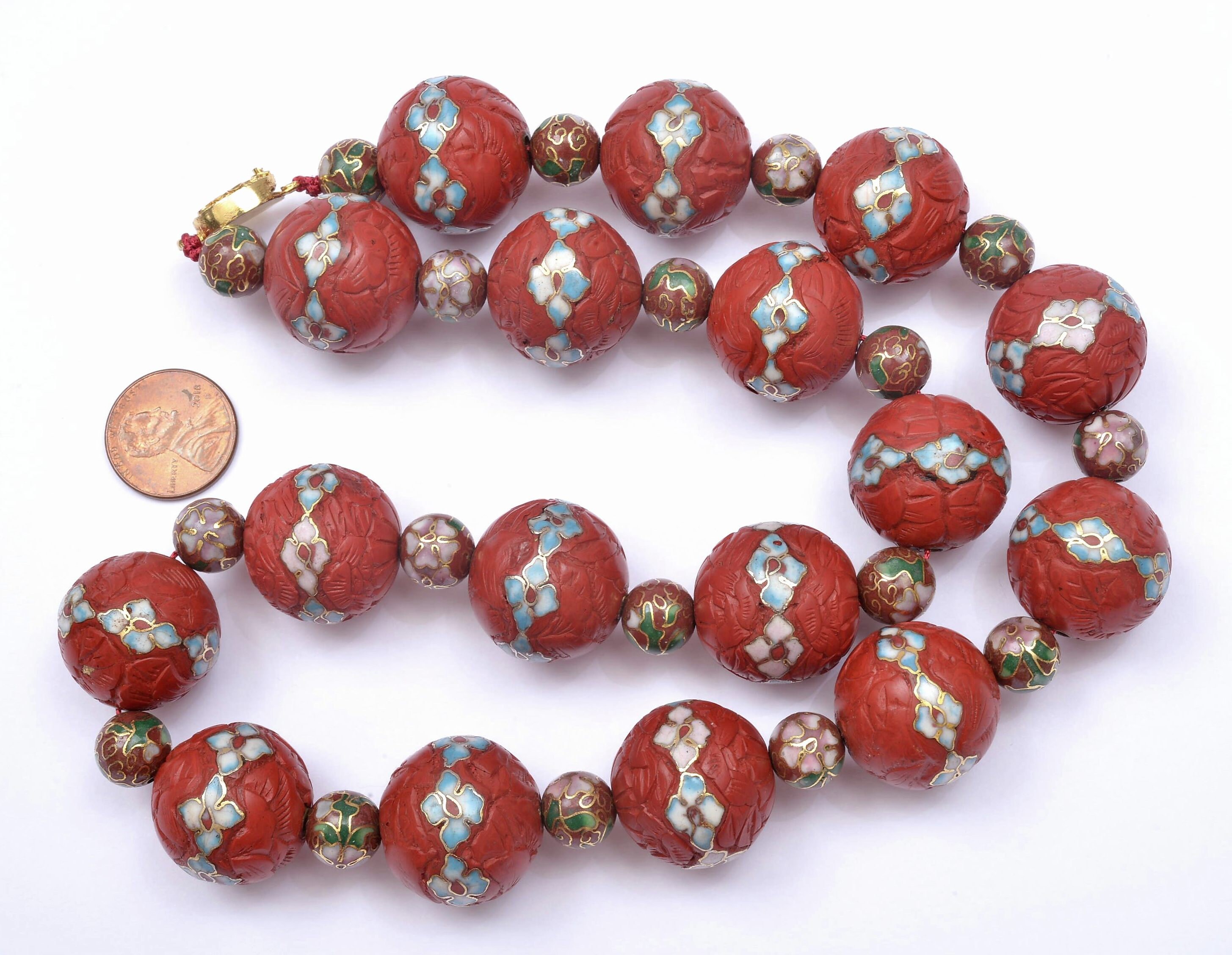 Chinese Cinnabar Lacquer Cloisonne Enamel Inlay Bead Necklace