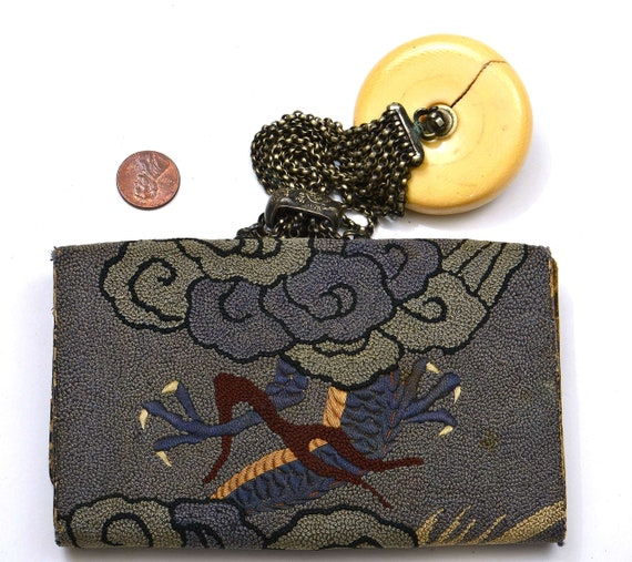 antique japanese tobacco pouch Meiji Japanese Silk Embroidery Tobacco Pouch Mixed Metal Dragon Kagamibuta  Manju