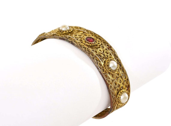 Old Chinese Gilt Filigree Pearl Bead Bracelet Ban… - image 4