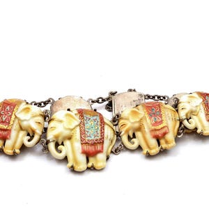 Vintage Japanese Toshikane Porcelain 7 Elephant Sterling Silver Bracelet Marked