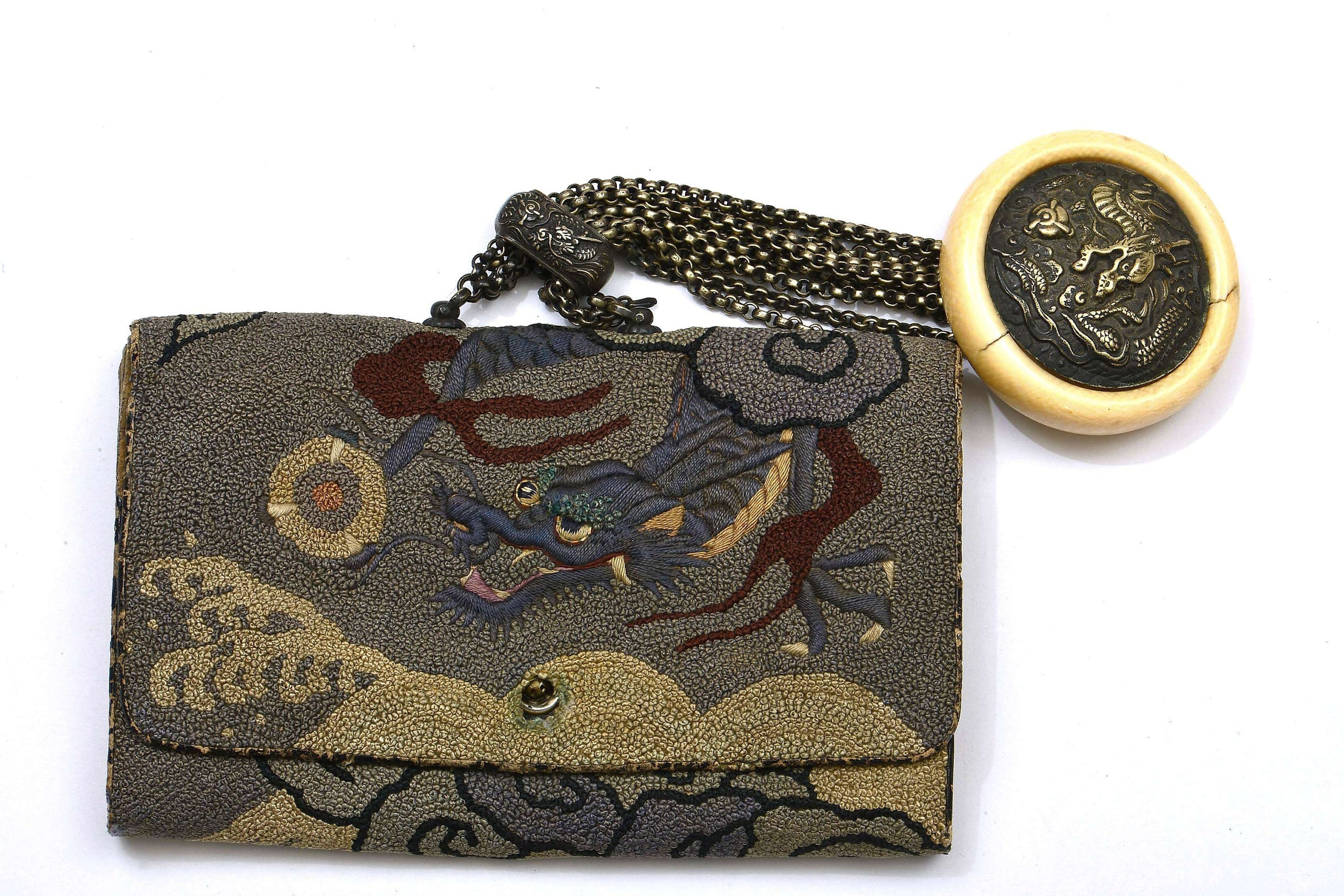 japanese tobacco pouch Meiji Japanese Silk Embroidery Tobacco Pouch Mixed Metal Dragon Kagamibuta  Manju