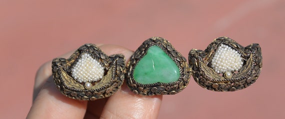 1930's Chinese Silver Filigree Jade Jadeite Carve… - image 4