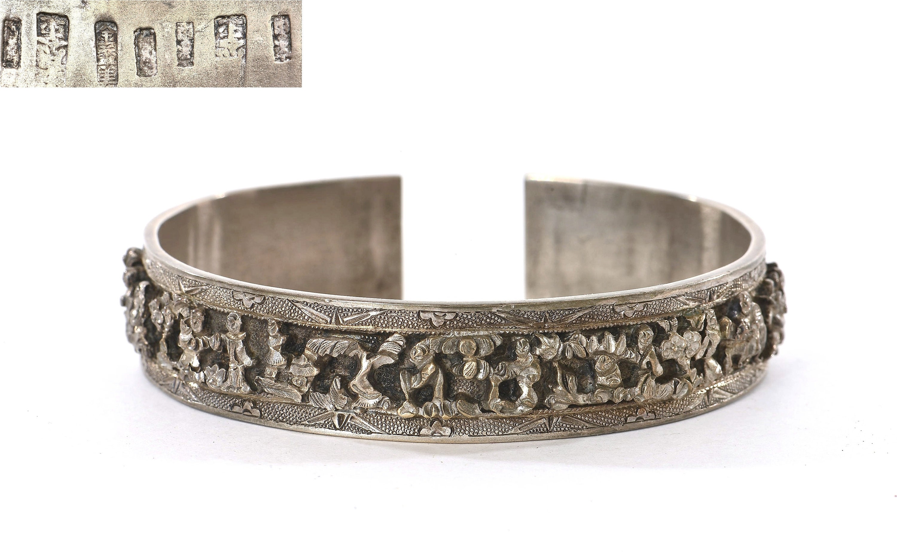 1930's Chinese Solid Silver Bracelet Cuff Bangle High Relief