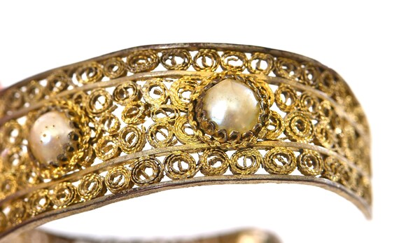Old Chinese Gilt Filigree Pearl Bead Bracelet Ban… - image 3