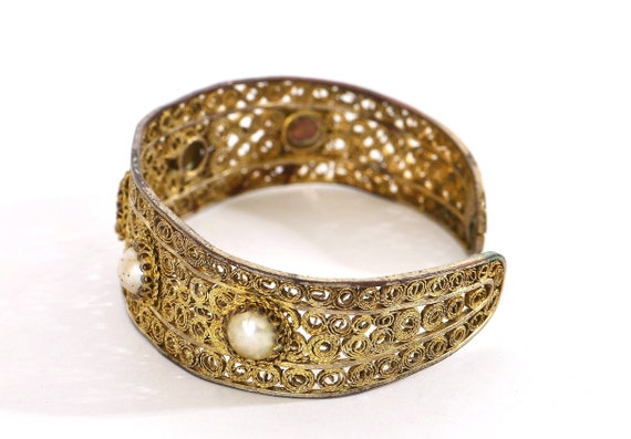 Old Chinese Gilt Filigree Pearl Bead Bracelet Ban… - image 6