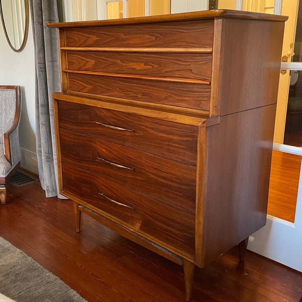 Beautifully Refinished MidCentury Kent Coffey "Forteller" Walnut Highboy Tall Dresser