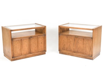 Pair of Milo Baughman for Founders Furniture Campaign Style Double Door Glass Top Nightstands | Cabinets