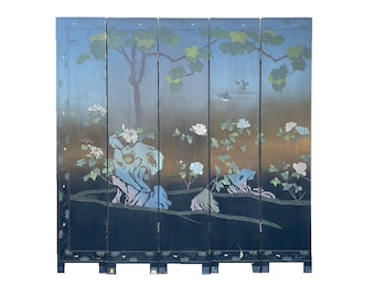 Exquisite Eight Panel Coromandel Screen or Room Divider Hand Painted and Sculpted with Gorgeous Neutral Painted Nature Scene