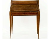 Fine Antique French Walnut Tambour Drop Front Writing Desk Atop Elegant Tapered Legs
