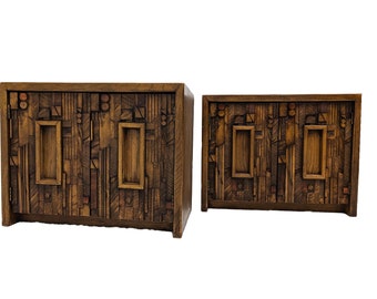 Pair of Mid-Century Brutalist Carved Face Nightstands by Lane