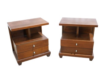 Unique Pair of Mid-Century Two Tier & Two Drawer Walnut Nightstands by American of Martinsville