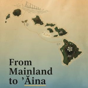 Pode incluir: Um mapa ilustrado das ilhas havaianas com o texto "From Mainland to 'Aina" e "Preparing for Life, Land, and Home in Hawaii." O mapa é em tons de verde e castanho, com um barco e a palavra "Aina".
