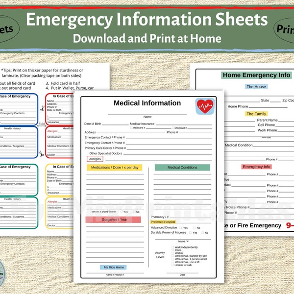 Medical Information Sheets / Emergency Medical Form / Printable / Emergency Contacts Information