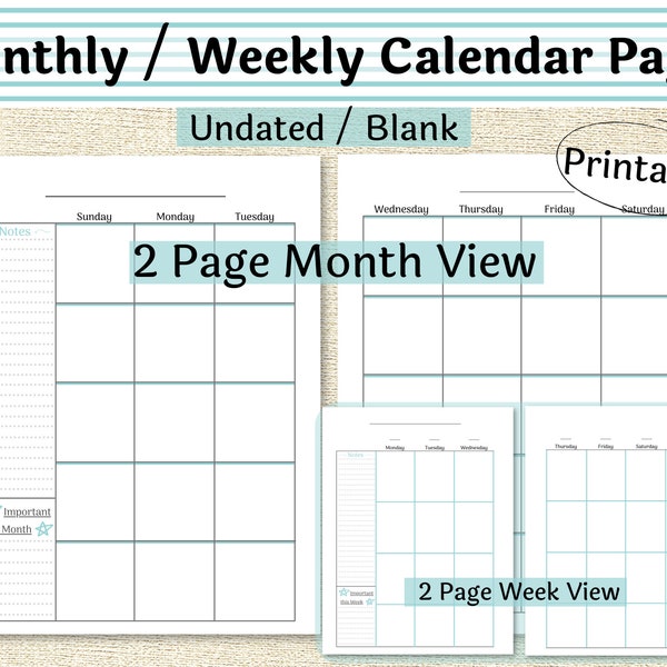 2 page Monthly & Weekly Calendar, Undated Printable Calendar, A5 Planner Inserts, Letter Size Calendar Inserts