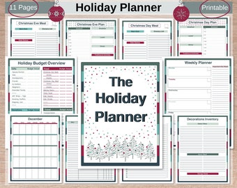 Puede incluir: Un planificador de vacaciones imprimible de 11 páginas. El planificador presenta un diseño festivo con colores rojo y verde, copos de nieve y un motivo de árbol de Navidad. Incluye secciones para presupuestos, planificación de comidas, listas de regalos y un planificador semanal.