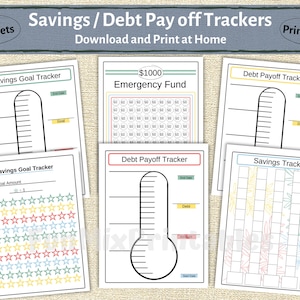 May include: Six printable sheets of savings and debt trackers. The trackers feature different designs, including thermometers, stars, and leaves. The trackers are designed to help people track their progress towards their financial goals.
