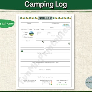 May include: A printable camping log with sections for dates, campground, reservation details, cost, miles traveled, who went, highlights, things liked and disliked, tips and tricks, average weather temperature, and a section to rate the campground.