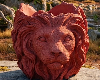 Handcrafted Concrete Lion Head Planter | Artisan Strength Decor, Indoor Outdoor Saucer