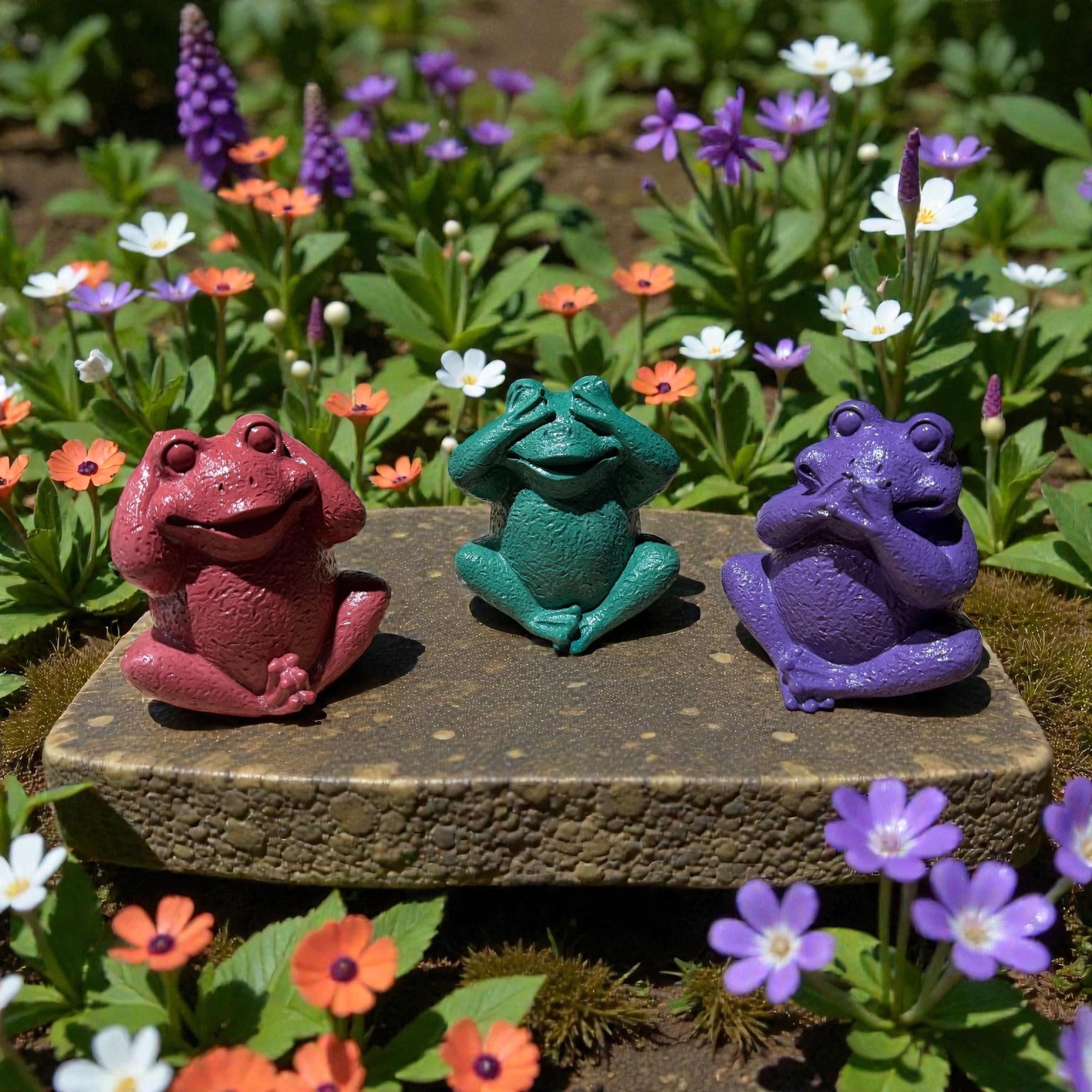 Concrete Frog Statues – Hear See Speak No Evil – Handmade Garden