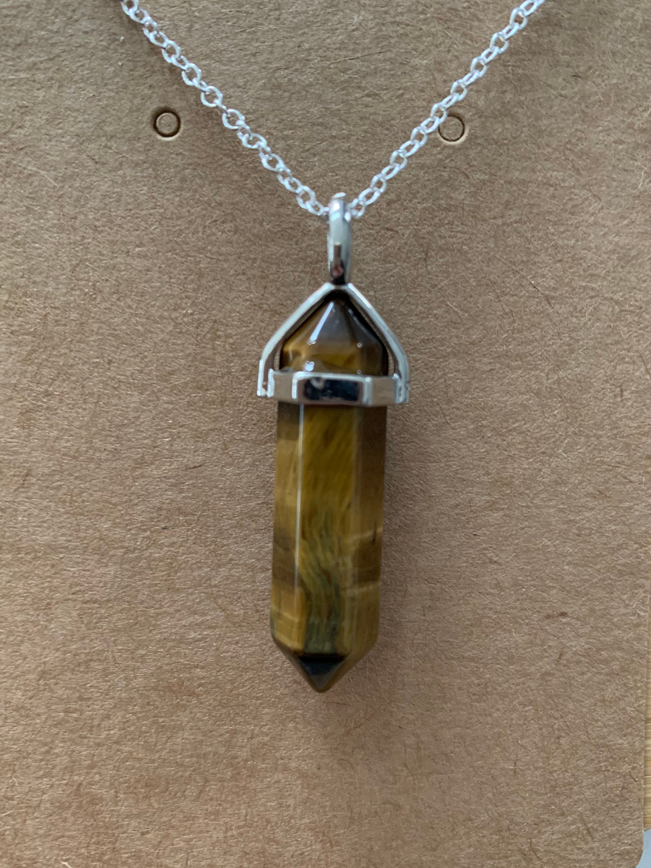 Tigers Eye Crystal Necklace Pillar Natural Gemstone Semi Etsy