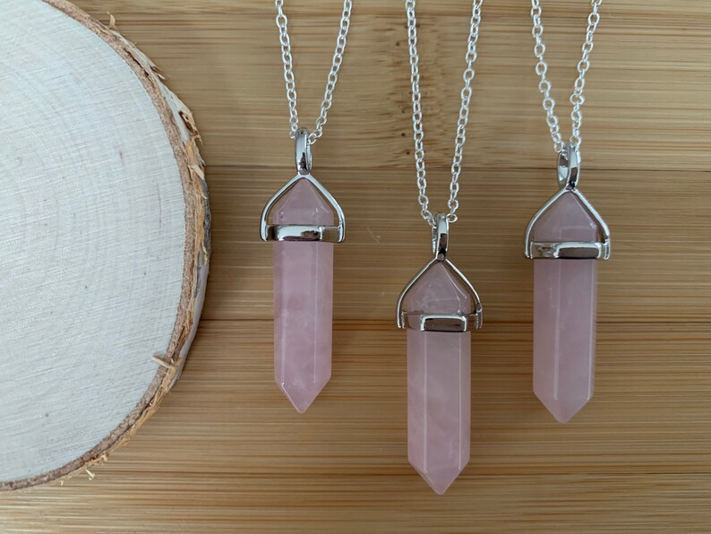 Rose Quartz Crystal Necklace Pillar Natural Gemstone Amethyst Opalite Semi Precious Healing Jewellery Silver Pendant Boho 