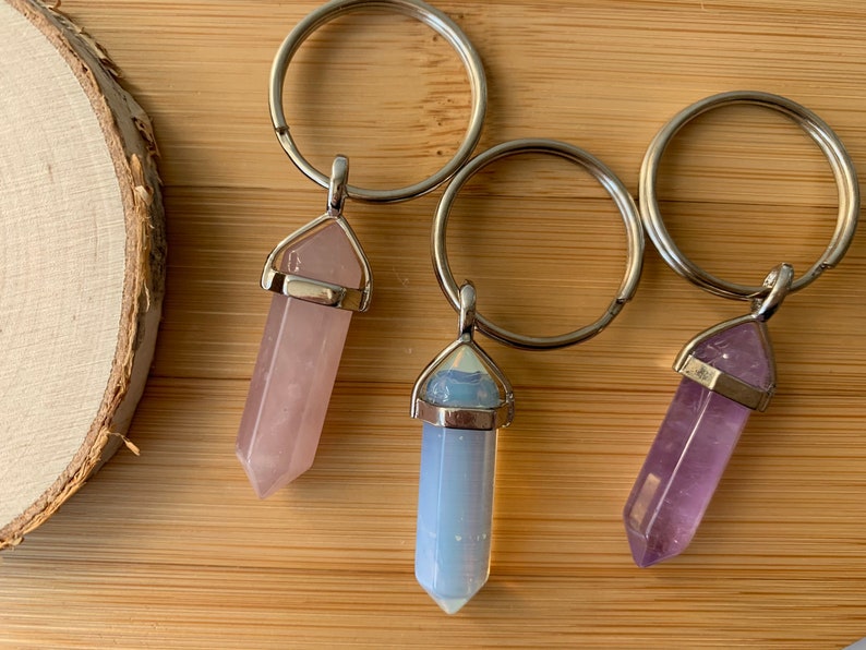 Crystal Keyring Imperfect Rose Quartz Pillar Natural Gemstone Semi Precious Healing Jewellery Silver Plated Pendant Boho Style Charm 