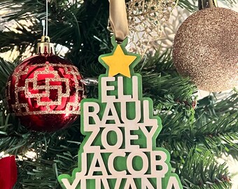Adorno navideño personalizado con nombre de familia - Abedul cortado con láser