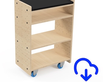 May include: A wooden rolling cart with three shelves and a black top. The cart has four blue wheels and is made of plywood with a pegboard design.