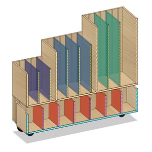 Puede incluir: Una unidad de almacenamiento de madera con m&uacute;ltiples compartimentos. La unidad tiene un acabado de madera clara y presenta una serie de divisores verticales. Los divisores son de varios colores, incluyendo azul, verde y rojo. La unidad est&aacute; sobre ruedas y tiene un borde azul claro.