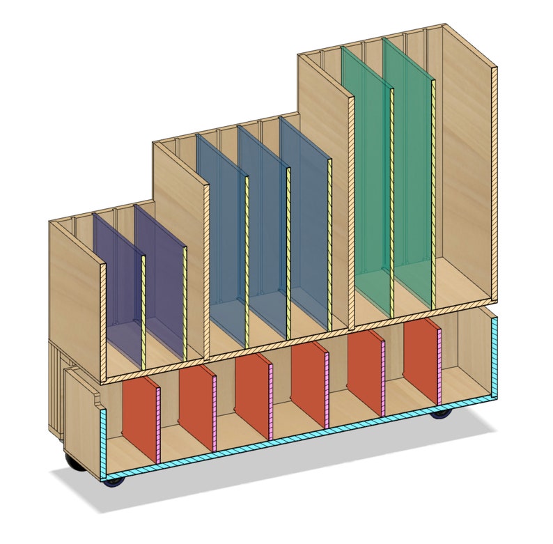 Puede incluir: Una unidad de almacenamiento de madera con m&uacute;ltiples compartimentos. La unidad tiene un acabado de madera clara y presenta una serie de divisores verticales. Los divisores son de varios colores, incluyendo azul, verde y rojo. La unidad est&aacute; sobre ruedas y tiene un borde azul claro.