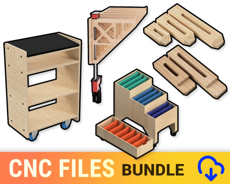 May include: A collection of CNC files for woodworking projects. Includes a rolling cart with shelves, a corner bracket with a red component, wooden blocks, and a tiered storage unit with colorful dividers. The text "CNC FILES BUNDLE" is displayed.