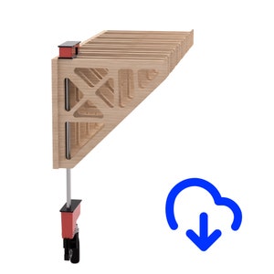 May include: A wooden wine rack with a geometric design. The rack is made of light-colored wood and features a series of horizontal slots for holding bottles. The rack has a red and black mechanism attached to it.