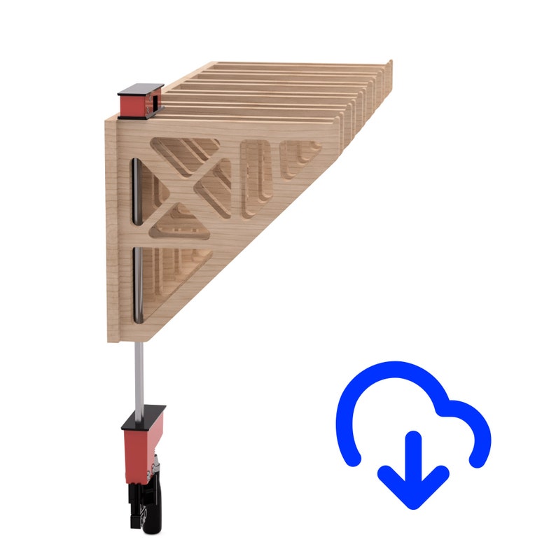 May include: A wooden wine rack with a geometric design. The rack is made of light-colored wood and features a series of horizontal slots for holding bottles. The rack has a red and black mechanism attached to it.