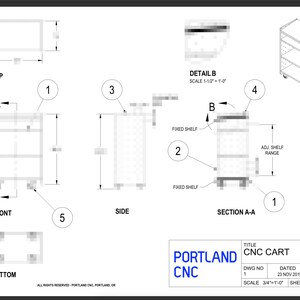 Puede incluir: Dibujo t&eacute;cnico de un carro CNC con vista superior, frontal, lateral, inferior y de secci&oacute;n. El carro tiene dos estantes fijos y un estante ajustable. El dibujo incluye dimensiones y detalles de la construcci&oacute;n del carro.