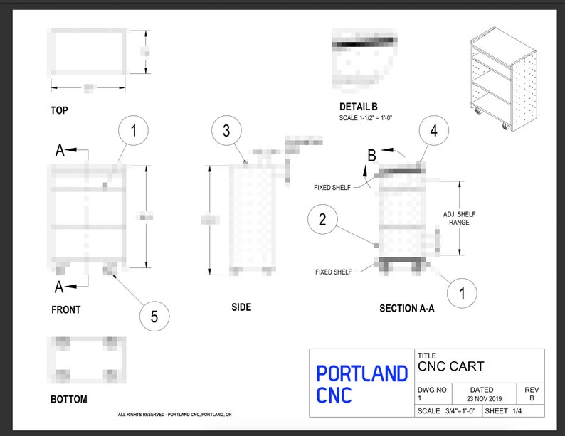 Puede incluir: Dibujo t&eacute;cnico de un carro CNC con vista superior, frontal, lateral, inferior y de secci&oacute;n. El carro tiene dos estantes fijos y un estante ajustable. El dibujo incluye dimensiones y detalles de la construcci&oacute;n del carro.