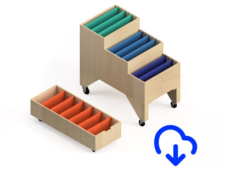 Puede incluir: Un archivador de madera con cuatro cajones sobre ruedas. Los cajones est&aacute;n divididos en secciones y tienen insertos de diferentes colores. El archivador est&aacute; sobre un fondo blanco.