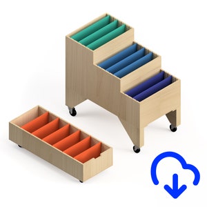 May include: Wooden storage units with colorful dividers. One unit is a stepped design with teal, blue, and purple dividers. The other is a rectangular unit with orange dividers. Both have wheels for mobility.